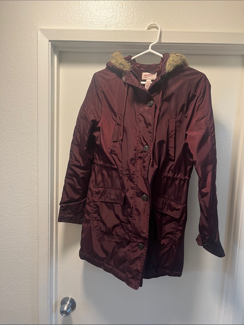 Arizona Jean Company Burgundy Hooded Puffer with Faux Fur Trim